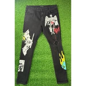 EMBELLISH Mens 36 Jeans Black Multi-Color Graphic Distressed Winged Skeleton